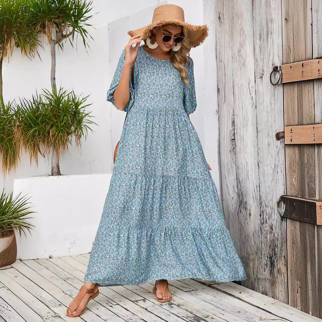 European And American Cross-border Foreign Trade Middle Eastern Robe, Loose-fitting Round-neck Mid-sleeve Dress,_ecoleips.com