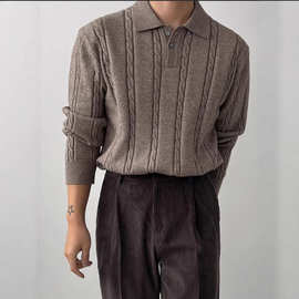 跨境高端复古绞花翻领针织毛衣男士冬季时尚百搭宽松Polo衫上衣复