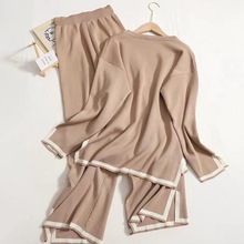 2025秋装新款气质撞色开叉长袖针织衫高腰显瘦阔腿裤长裤两件套装