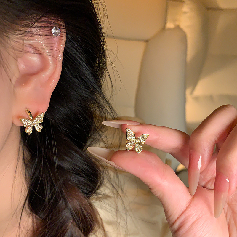 Korean Niche Design Full-diamond Butterfly Exquisite Light Luxury Micro-inlaid Zircon Earrings, Versatile And Stylish_voghion.com