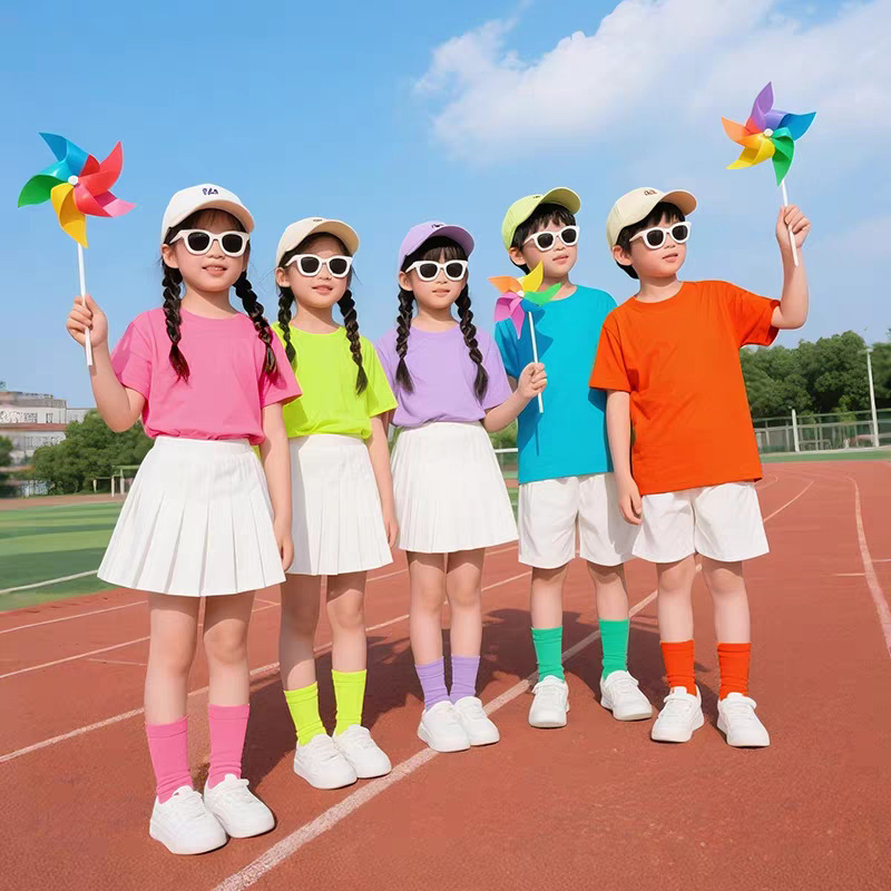 Children's Colorful T-Shirt Kindergarten Short-Sleeved Candy Colorful Performance Clothing Kindergarten Chorus Graduation Photo Class Uniform Performance Clothing Children's Colorful T-Shirt Kindergarten Short-Sleeved Candy Colorful Performance Clothing Kindergarten Chorus Graduation Photo Class Uniform Performance Clothing