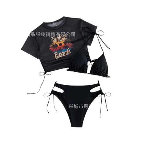 European and American style mesh three-piece swimsuit for women, print bikini Russian