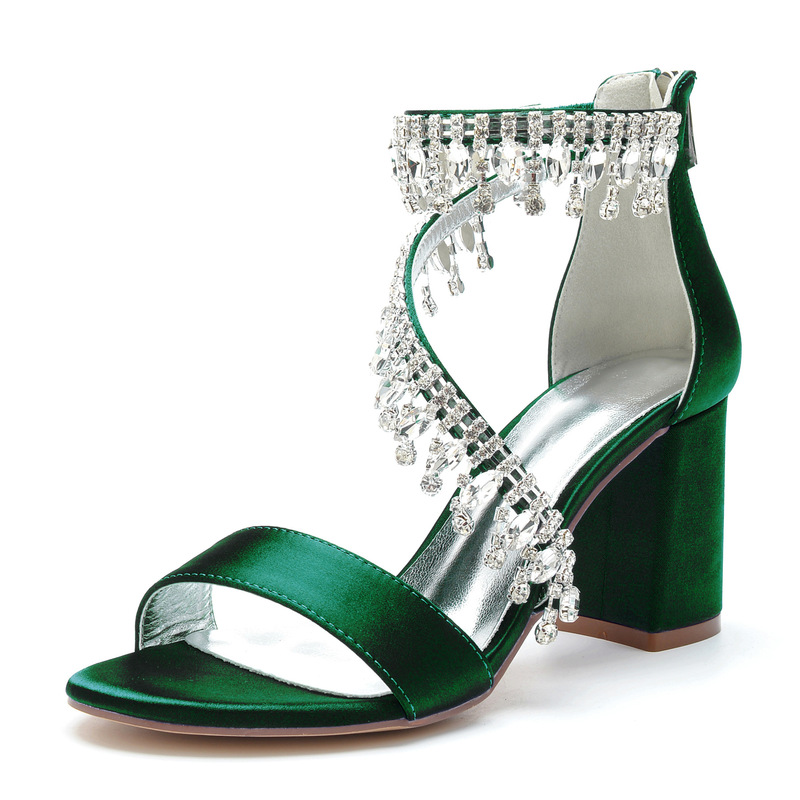 Amazon large size chunky heel women's sandals with rhinestone satin Pearl Rhinestone high heel sandals 43