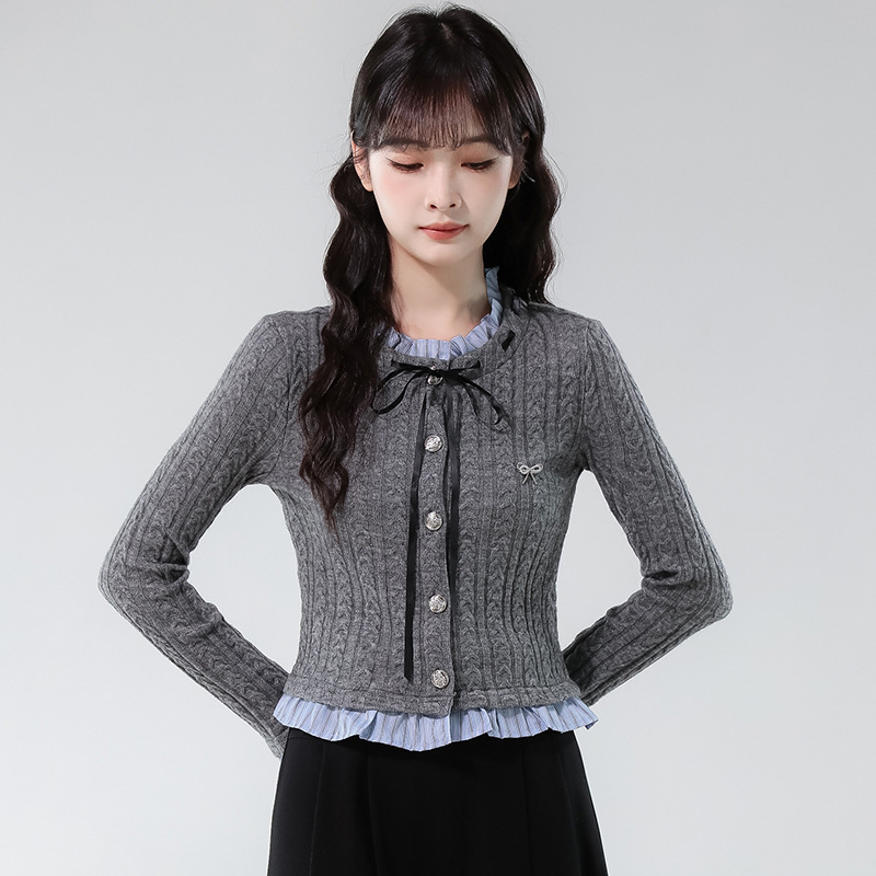 时尚甜美假两件灰色毛衣女2025秋季款学院风木耳边系带修身针织衫|undefined