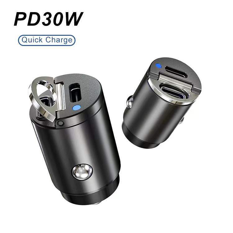 Super fast charging pull ring double usb metal 5A car charger hidden mini 30W car cigarette lighter charger