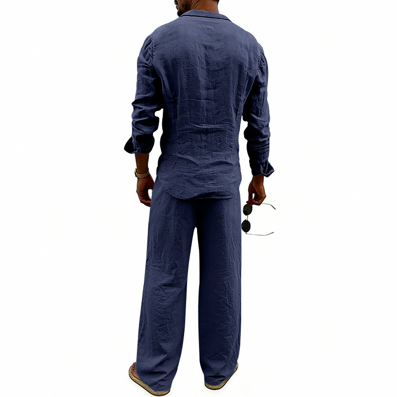Herren Leinen Freizeithemd Und Hose Set Langarm Anzug_voghion.com