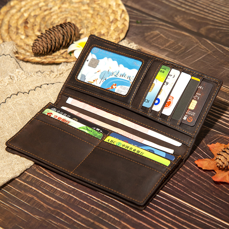 全粒面牛皮皮包纤细卡夹皮夹长款RFID锁皮夹男士