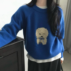 韩系植绒蝴蝶结小狗提花软糯套头毛衣女秋冬季宽松显瘦针织衫上衣