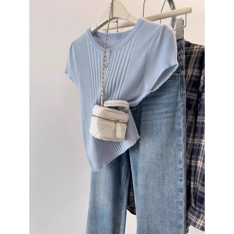 Summer Thin Ice Silk Knitted Short-Sleeved T-Shirt for Women 2026 High-End Slim Fit Elegant Right-Shoulder T-Shirt A4304