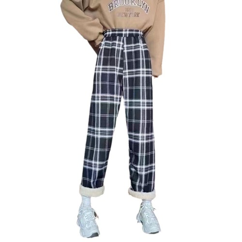 Plaid wide-leg pants for women, high-waisted drapey casual pants, Korean style loose straight-leg floor-length pants for female students, velvet style