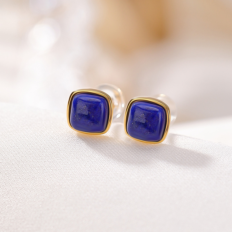 Khuyên tai bạc S925 mạ vàng đính đá lapis lazuli hình vuông vintage — Cặp đôi