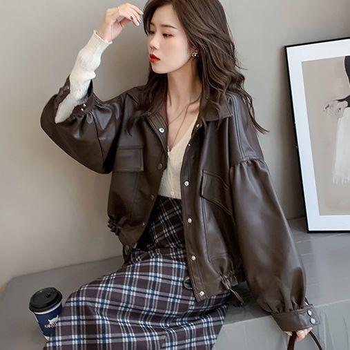 皮衣外套女新款衬衫领抽绳机车服时尚宽松皮夹克韩系上衣女装|undefined