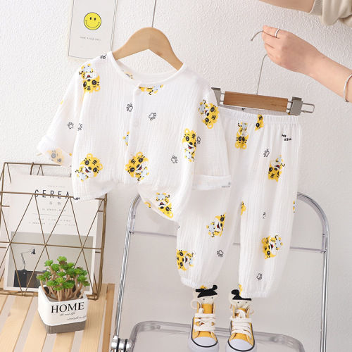 Boys' Double Layer Cotton Gauze Sleepwear Baby Summer Air Conditioning Suit Girls' Home Wear Baby Long Sleeve Lantern Pants Set 