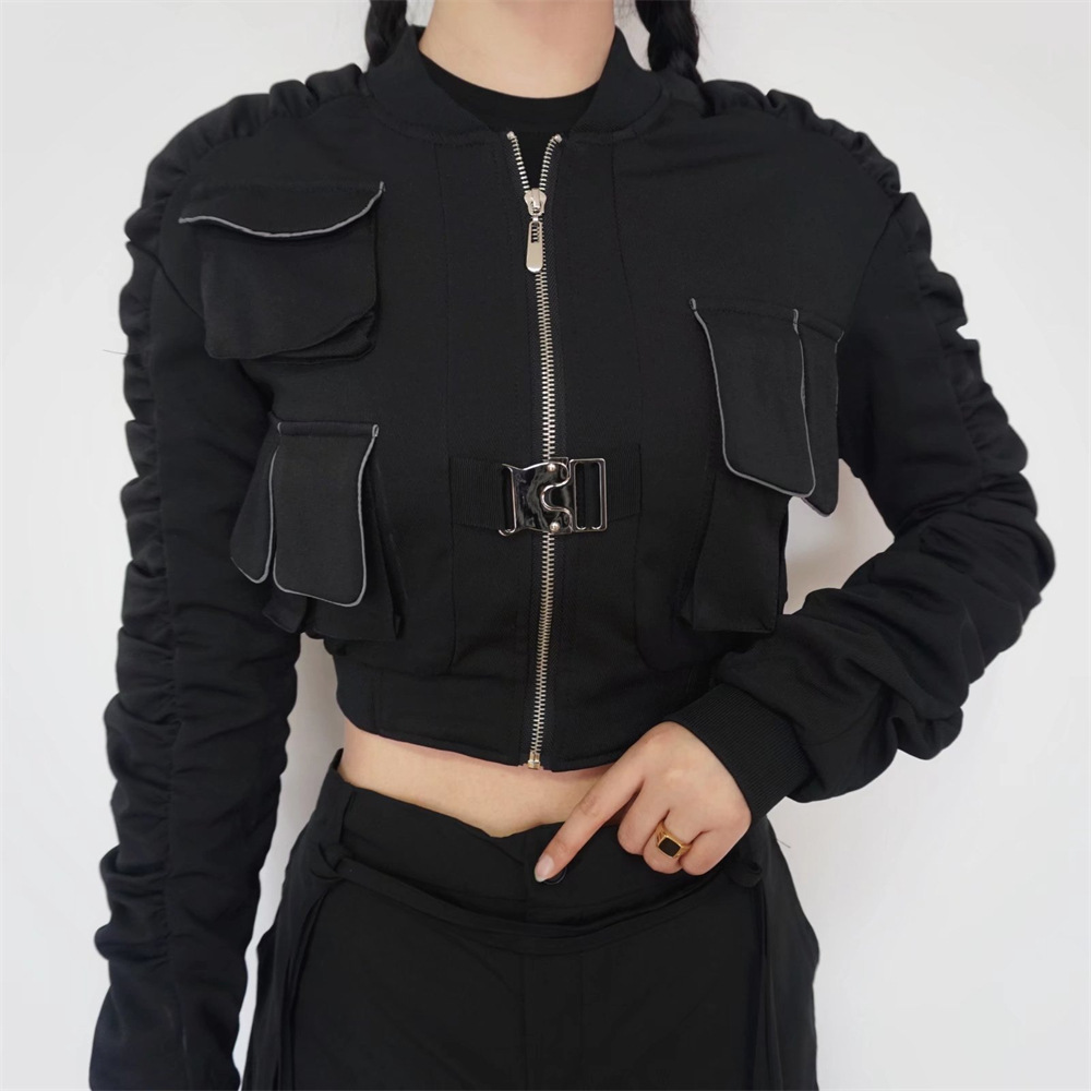 YPFF trendy women's coat European and American style street shot short navel jacket heavy industry motorcycle zipper pocket flight suit