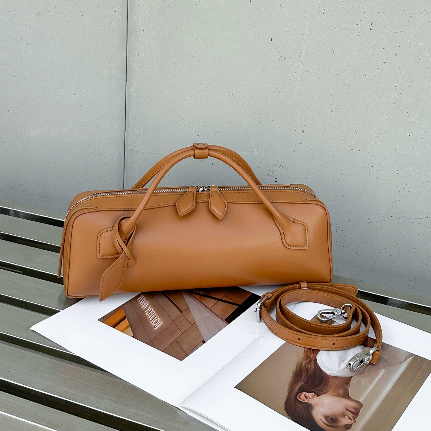 Retro fashionable leather bag, french style, internet celebrity, city style