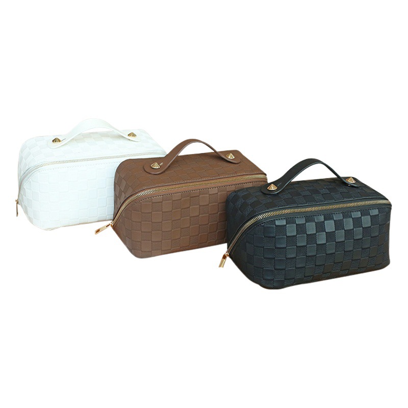 New Pu Portable Makeup Bag, Large Capacity, Old-Style Plaid, Waterproof Toiletry Storage Bag, Convenient Bag, Women's Bag