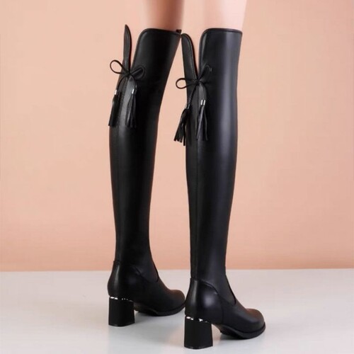 Women's Soft Leather Stretch Boots, Slimming High-Top Leather Boots with Fleece Lining—Stylish Chunky-Heel Over-the-Knee Boots for Autumn and Winter