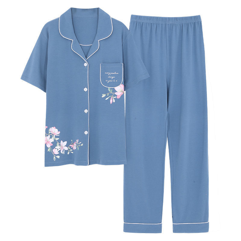 Pijama de algodón para mujer Pantalones de manga corta de verano más traje de chaqueta de mediana edad y madres de edad avanzada