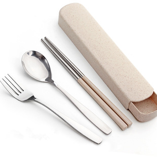 Single-Person Stainless Steel Portable Tableware Set Chopsticks Three-Piece Set Fork Spoon Chopsticks Box Student Storage Box