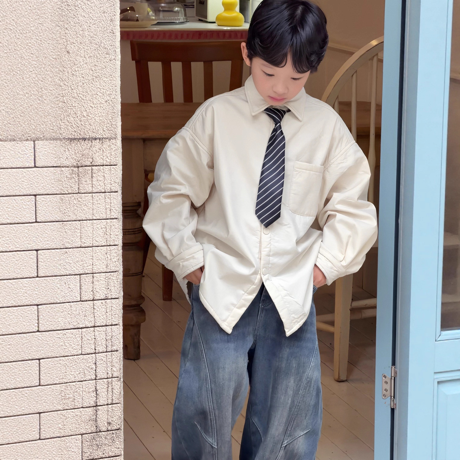 蓝钰25秋冬新品韩国童装中小童男童加厚加绒米色棉学院风领带衬衫