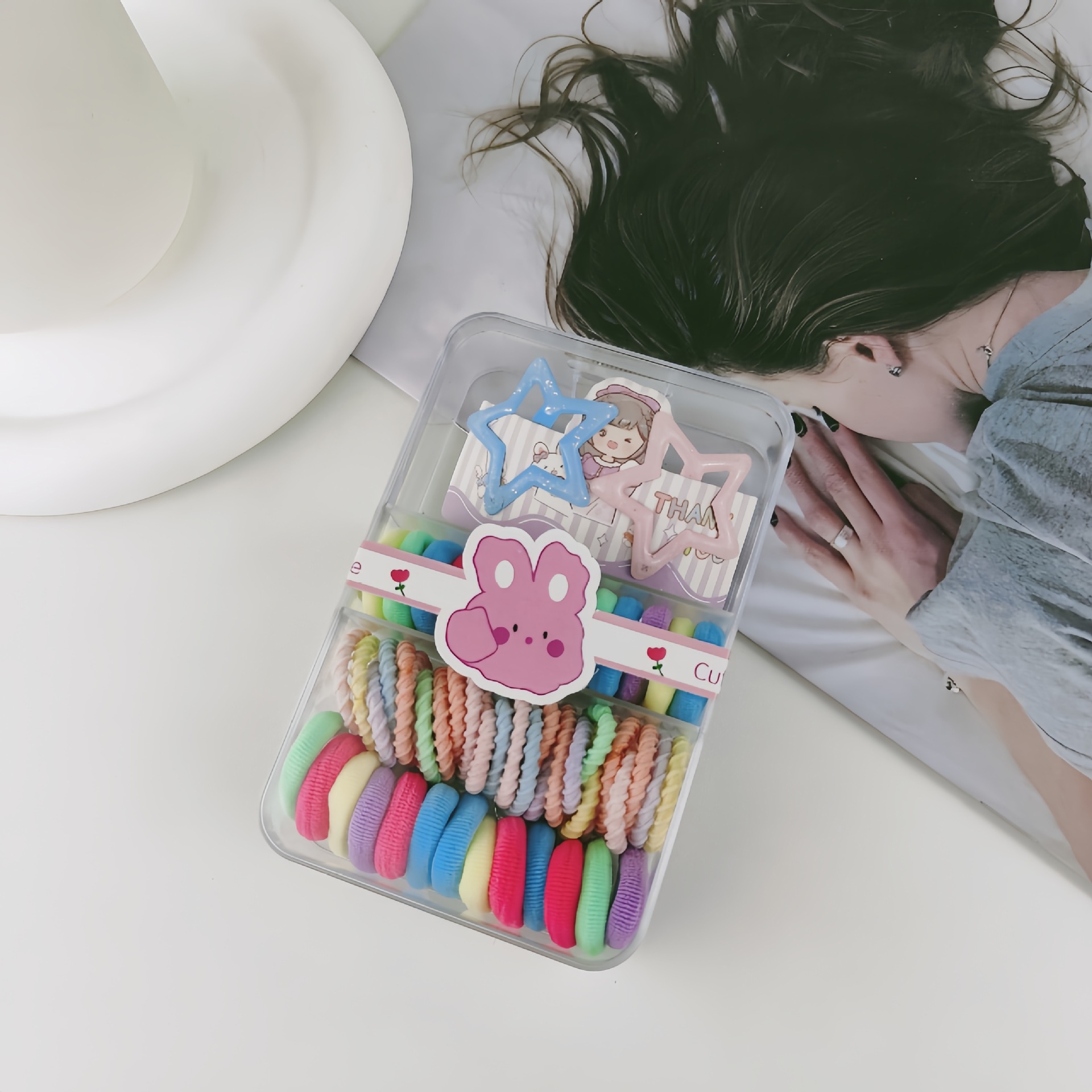 Niños de color pulgar fideos anillo de cabello no daña cabello cuadrado caja de banda nuevo anillo no daña cabello conjunto de combinación