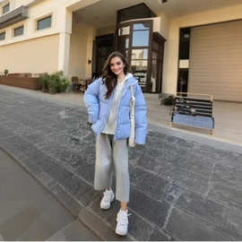 蓝条纹假两件棉衣棉服女2026新款冬季加厚保暖学院风短款棉袄外套