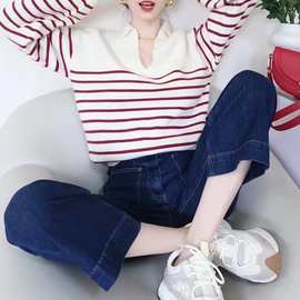 韩版设计感红条纹Polo领长袖针织毛衣女春秋宽松显瘦软糯套头上衣