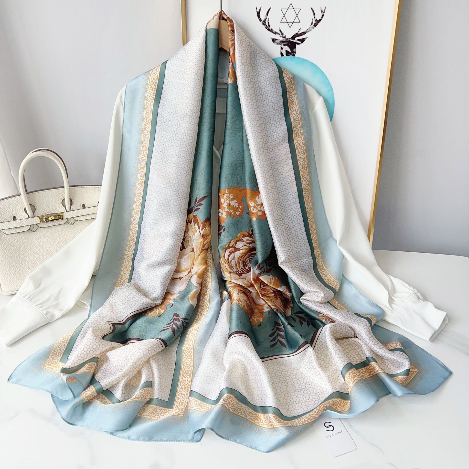 Seda artificial impresa larga bufanda mujer verano fino protector solar chal moda mamá viajes fotografía bufanda