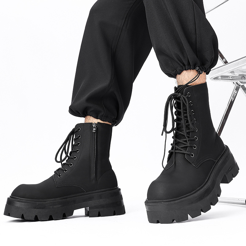 Winter Boots Men's High-Top American Thick-Soled Motorcycle Boots European and American Style Black Knight Zipper Leather Boots 7068