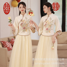 中式伴娘服女2022冬季漢服姐妹裝結婚禮服中國風旗袍顯瘦伴娘團裙