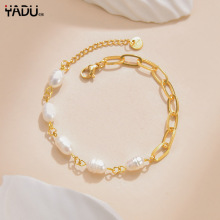 法式复古手饰批发14K金拼接珍珠手链女士ins风钛钢饰品一件代发潮
