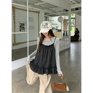 早秋新款韩系甜美风波点木耳边吊带+长袖T恤叠穿两件套女上衣