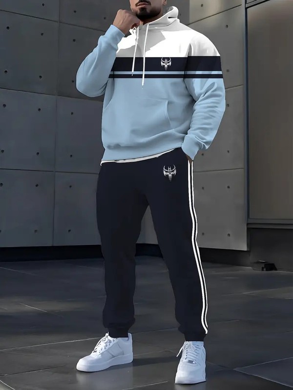欧美亚马逊2025新款男士拼色3d印花卫衣连帽衫套装宽松大码外套男|undefined