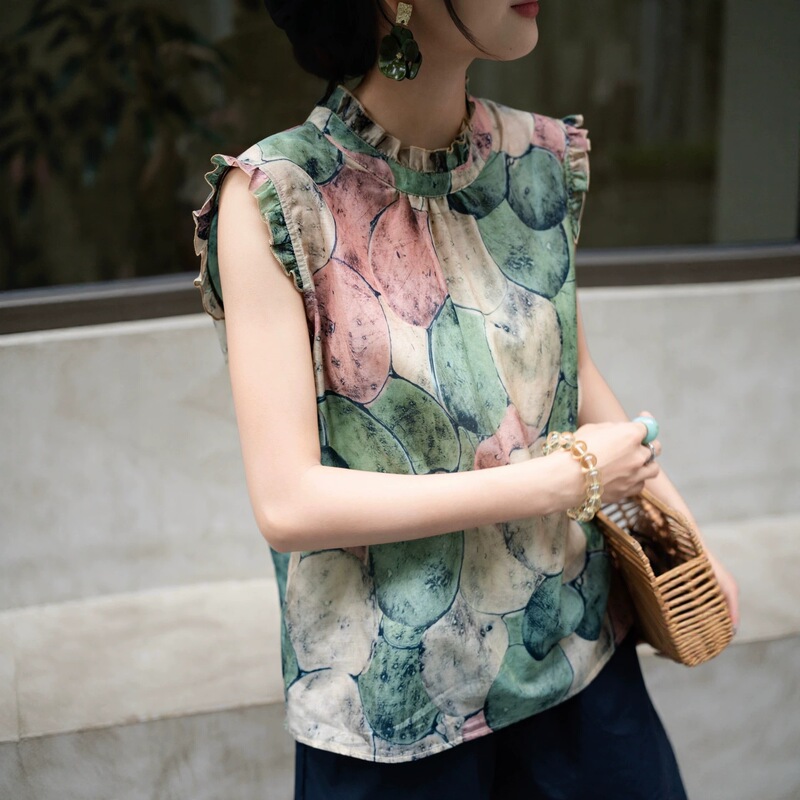 High-Quality Silk Cotton "0-Weight" Printed Shirt with Ruffled Stand-Up Collar and Small Flutter Sleeves, Lightweight and Breathable Design 67