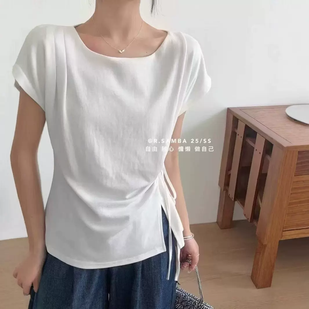 6651十三行高档精梳棉侧边系带显瘦遮肉T恤上衣福利