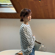 黎诺 早春新款韩国条纹长袖T恤女2025宽松圆领百搭亚麻防晒罩衫