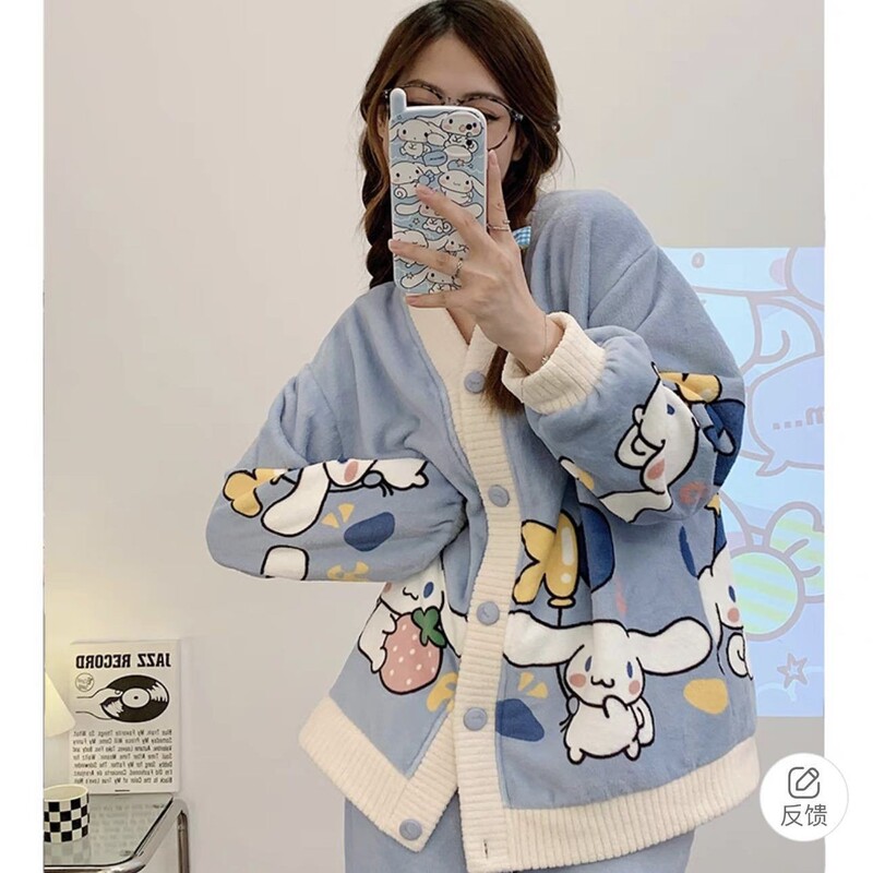 玉桂狗法兰绒睡衣秋冬加厚卡通可爱家居服套装保暖舒适开衫两件套|undefined
