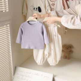 婴幼童彩色点点背带裤两件套秋季新款女宝紫色哈衣套装新生儿爬服
