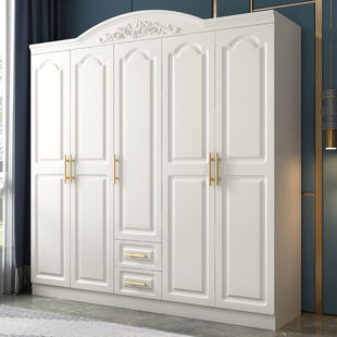 European-Style Wardrobe with Top Cabinet, Simple Modern Economical Panel White Combination Side Cabinet, Wooden Six-Door Large Wardrobe