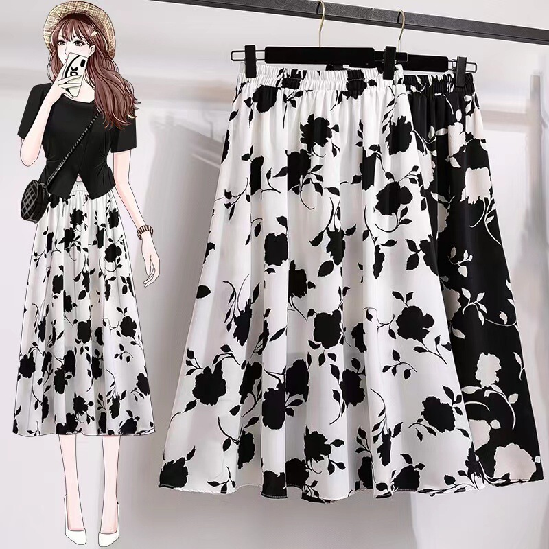 Plus Size Women's High-Waisted Slimming Hip-Covering Flared Skirt 2025 Summer Mid-Length Stylish Rose Midi Skirt for Chubby Women