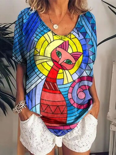 V-neck casual loose print T-shirt for women