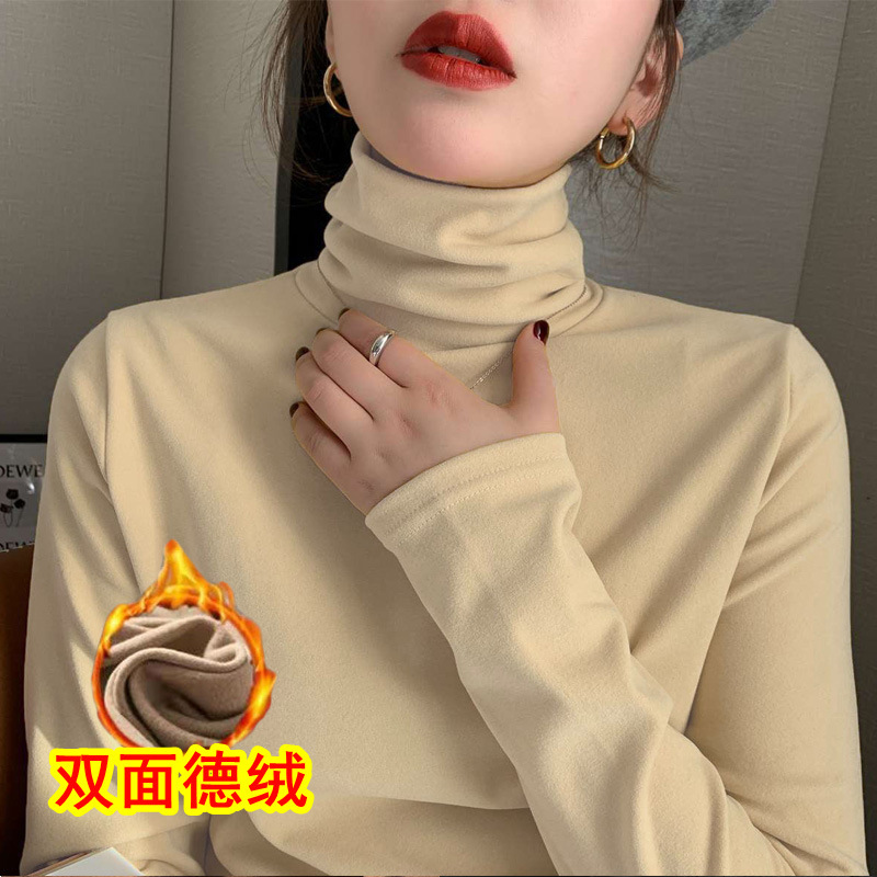 Double-sided Velvet High Collar Base Shirt Women's Autumn and Winter New Slim-fit Foreign-style Inner Thickened Warm Long-sleeved T-shirt for Women