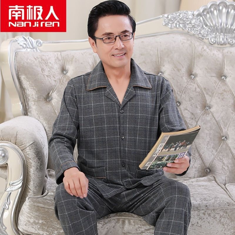 Pijamas hombres primavera y otoño manga larga 100% algodón de mediana edad y ancianos papá algodón más tamaño traje de desgaste para el hogar de los hombres