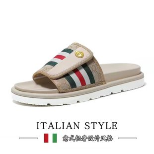 Summer Slippers for Men, Casual and Versatile, Fashionable Slip-On Sandals for Outdoor Wear, Non-Slip Beach Sandals, Trendy Brand, Light Luxury, Anti-Slip and Wear-Resistant