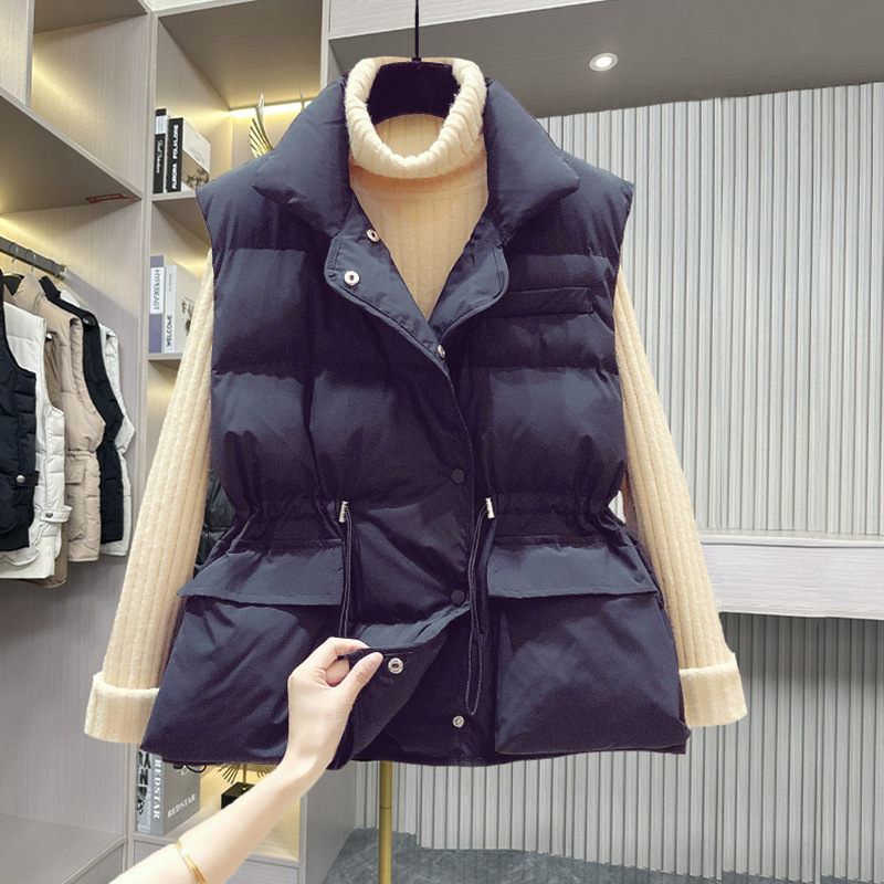 Chaleco de chaleco de cuello de soporte de estilo coreano para mujer 2023 otoño e invierno chaleco con cordón cálido y suelto chaleco superior