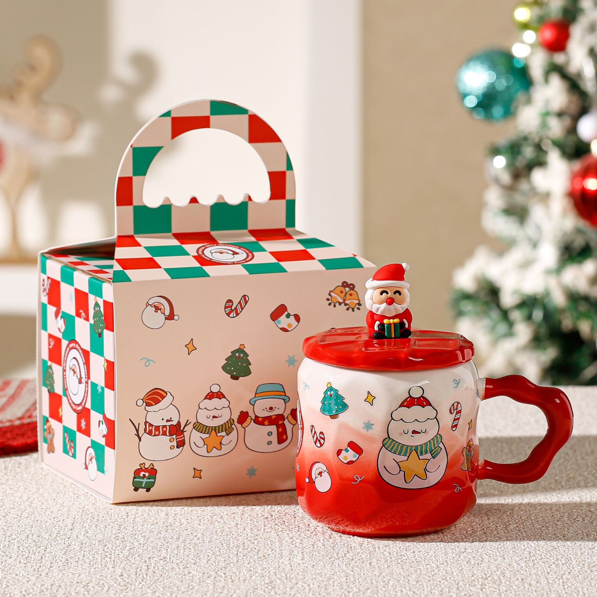 Taza de cerámica navideña transfronteriza Taza de café con tema navideño Taza de elemento navideño verde rojo Comercio electrónico transfronterizo al por mayor
