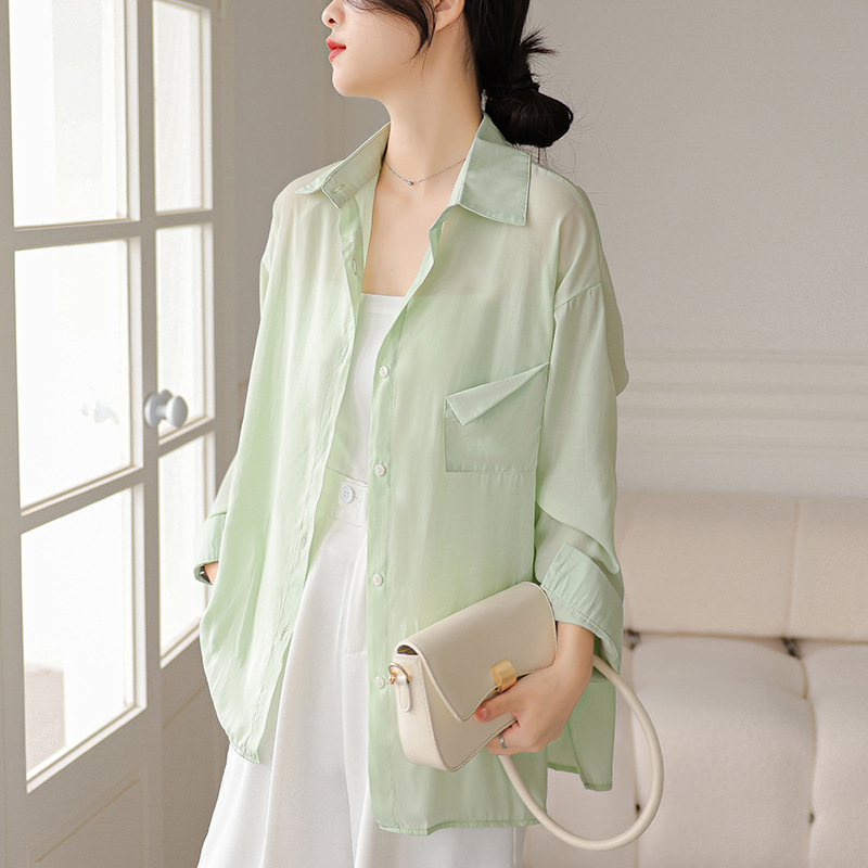 Real shot 2024 chiffon sunscreen shirt women's summer thin long sleeve shirt coat fashionable design sense niche lazy style