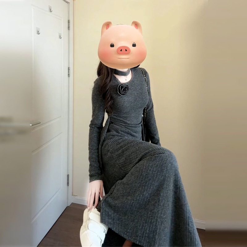 法式灰色针织套装连衣裙子女秋冬季2025年新款小个子香风气质长裙|undefined