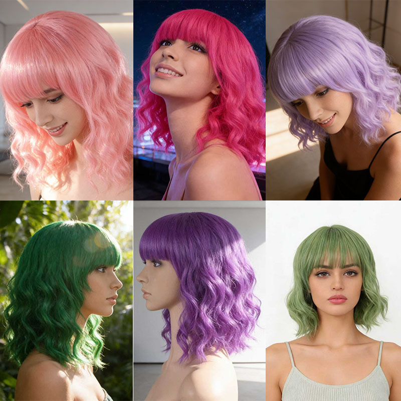 European and American Fashion Style Short Curly Hair with Bangs, Multi-Color Gradient, Taro Color Short Curly Corn Perm Bob Wig Full Head Set