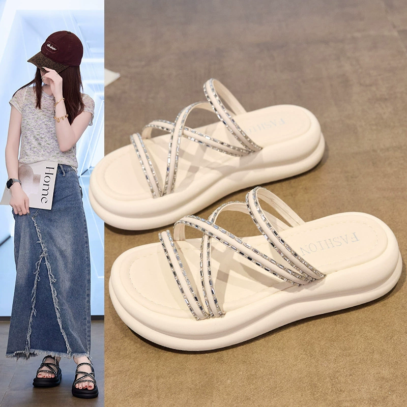 Женские пляжные сандалии на толстой подошве, летняя новинка 2025 года, простой стиль, платформа с перекрестными ремешками и стразами